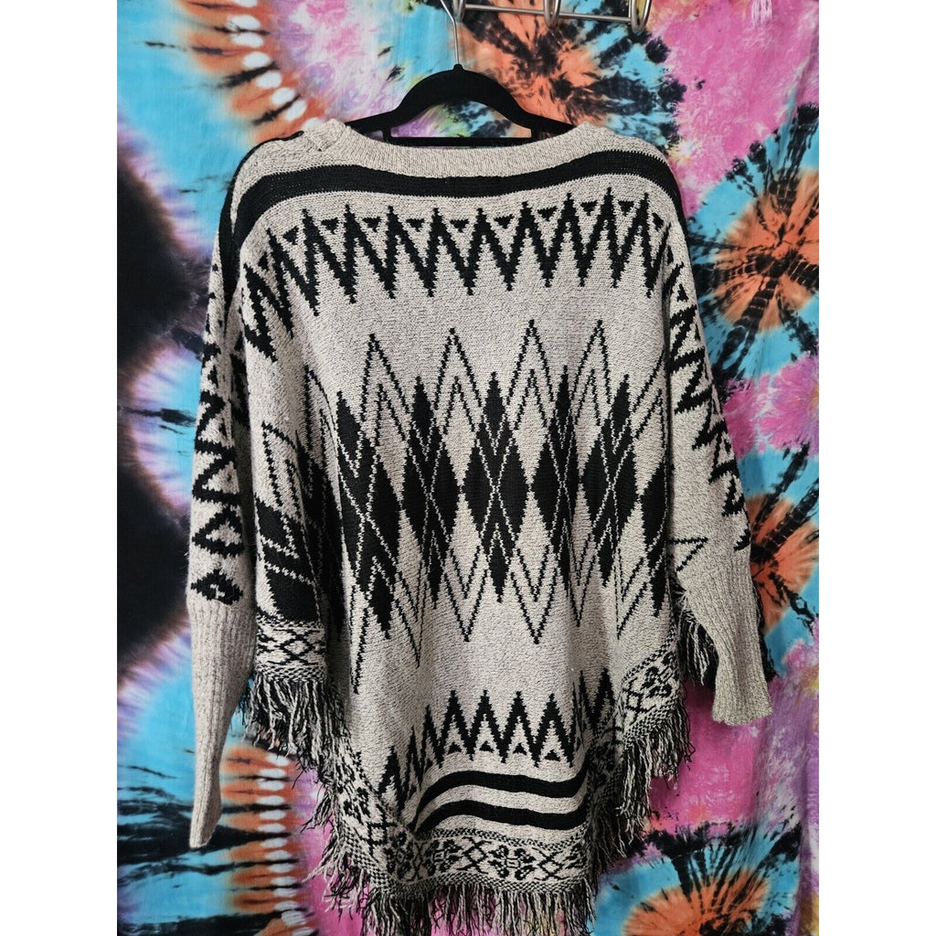 Color Swatch Black & Gray Colorful Fringe Poncho Sweater Women's S/M