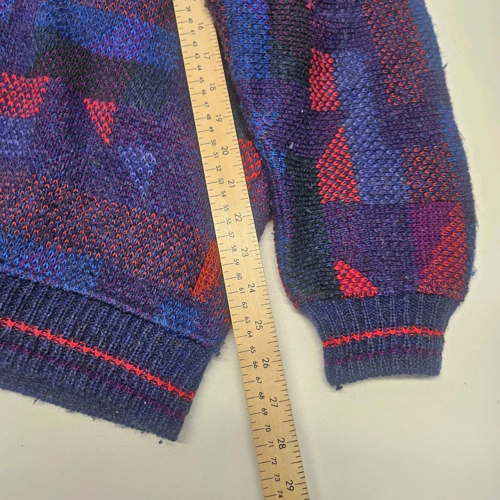 Vtg 80s Womens Crowneck Long Cardigan Sweater Geometric Knit Wool Mohair XL