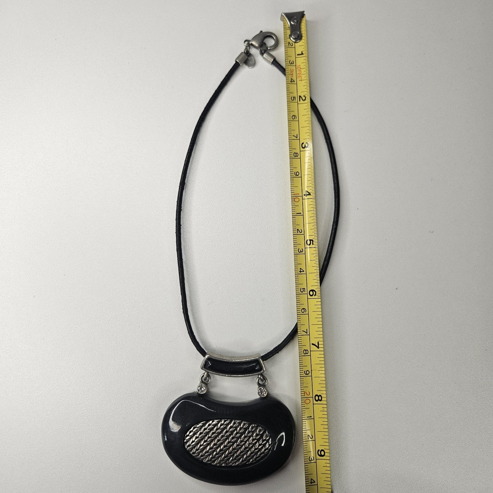 CHICO'S Necklace Black Stone & Pewter Tone Pendant Black Cord Chain