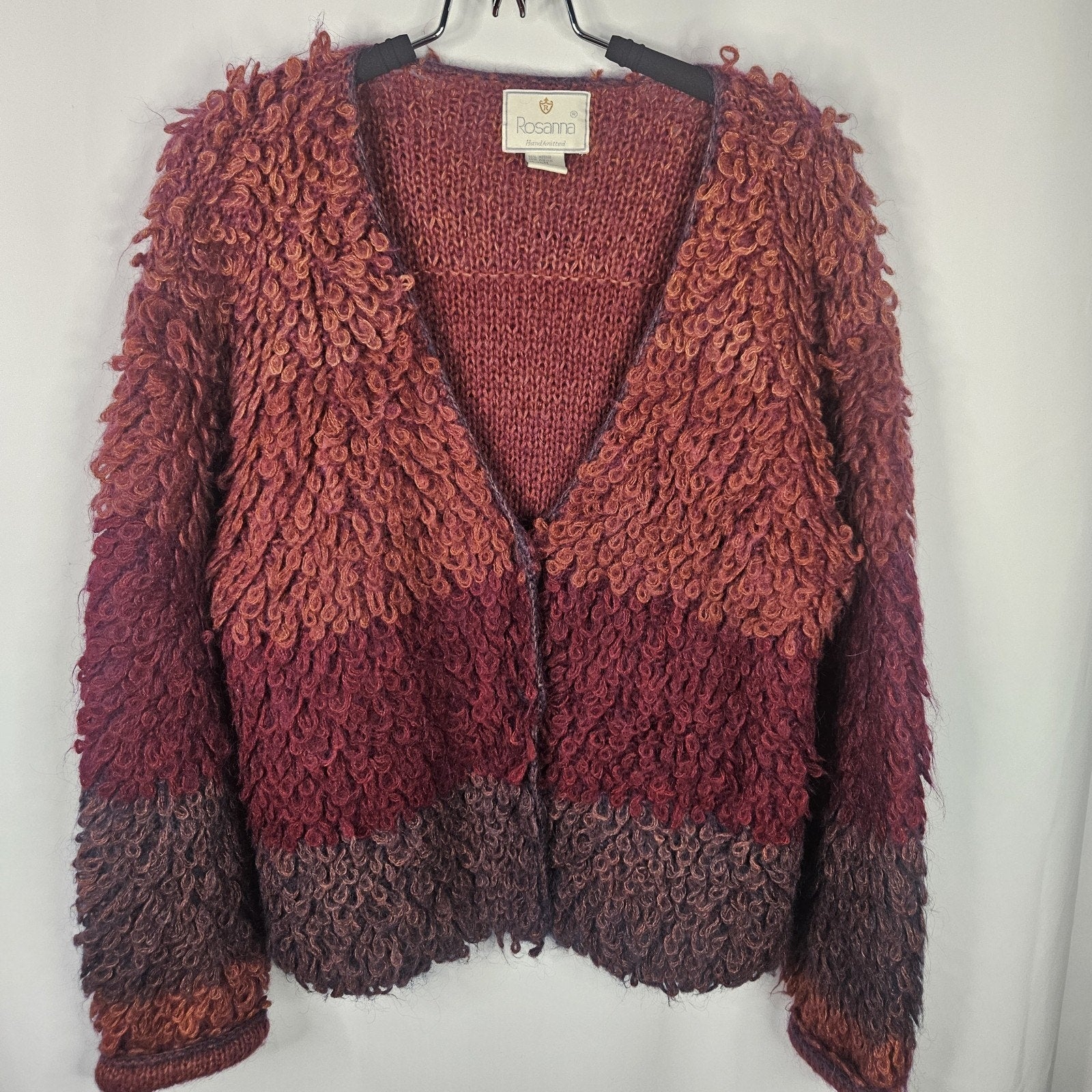 Rosanna Looped Mohair Crop Cardigan Sweater Vtg 80s Bohemian Colorful Medium