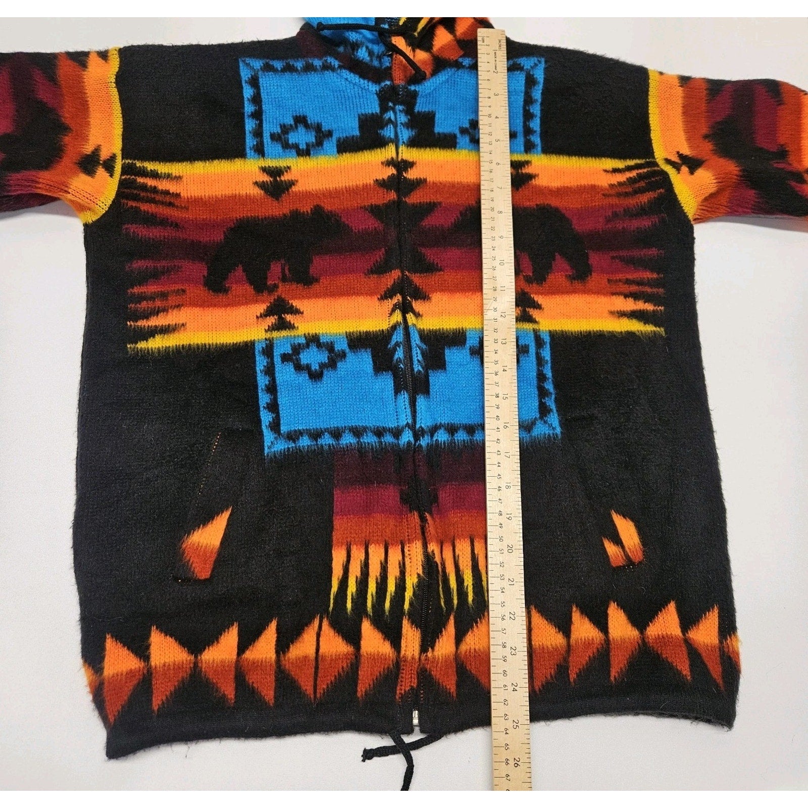 Artesanias 100% Wool Teal Aztec Southwest Full Zip Hooded Sweater Hoodie Small