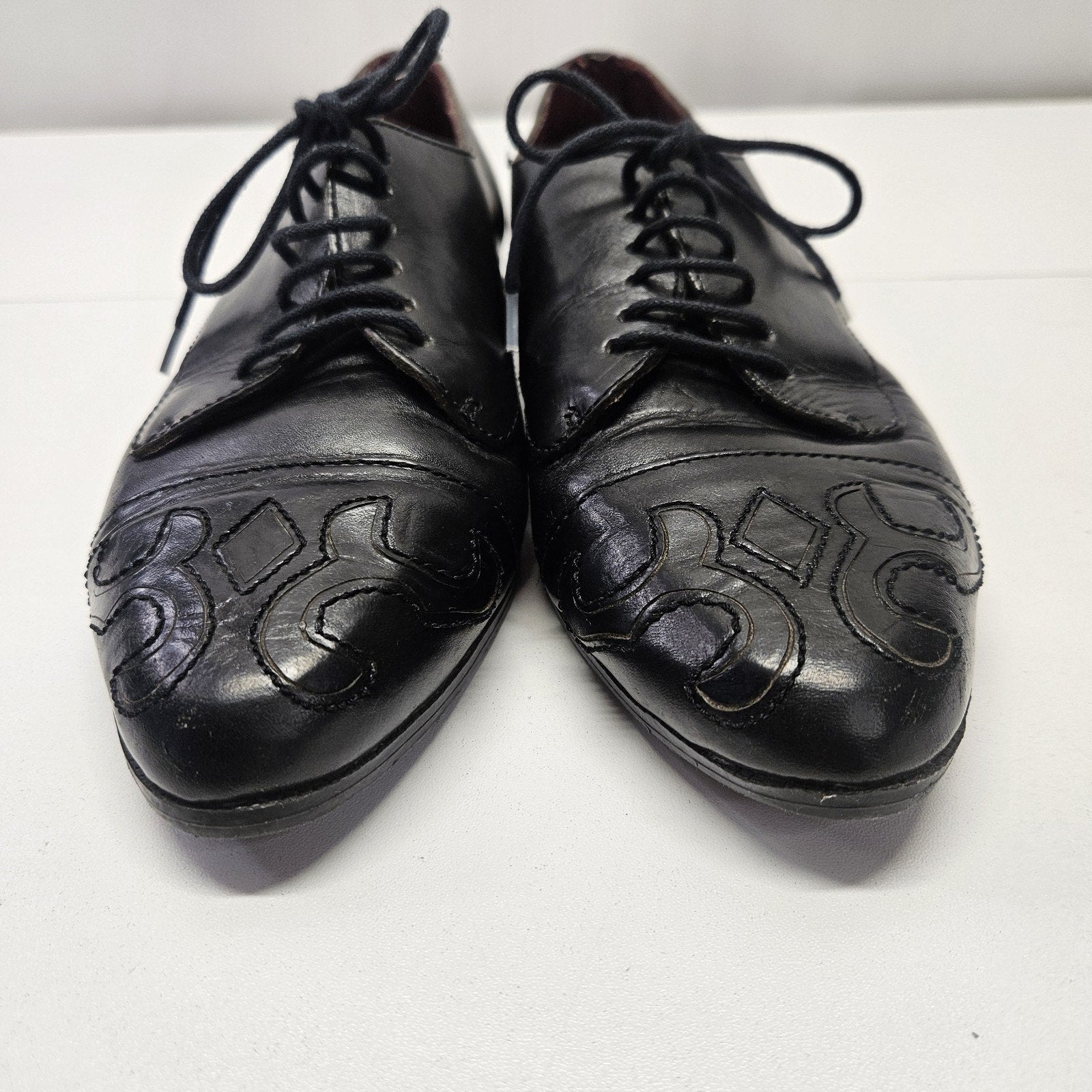 VTG Flamengo Embriodered Black Leather Lace up Oxford Heeled Granny Shoes 7.5 M