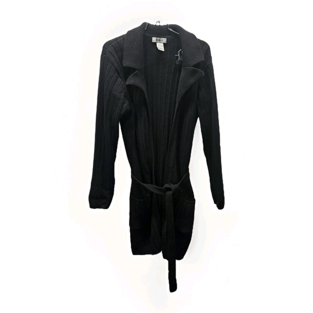 Kikit Ribbed Cotton Knit Long Cardigan Sweater Black Medium Classic Duster