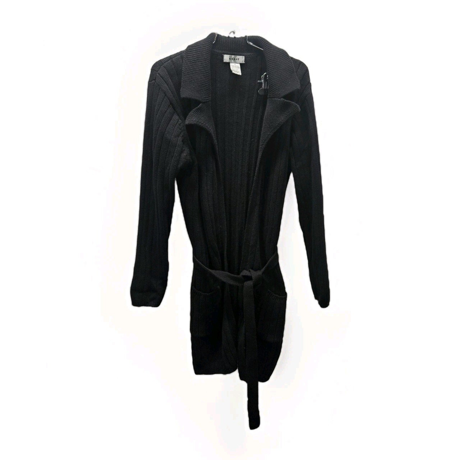 Kikit Ribbed Cotton Knit Long Cardigan Sweater Black Medium Classic Duster