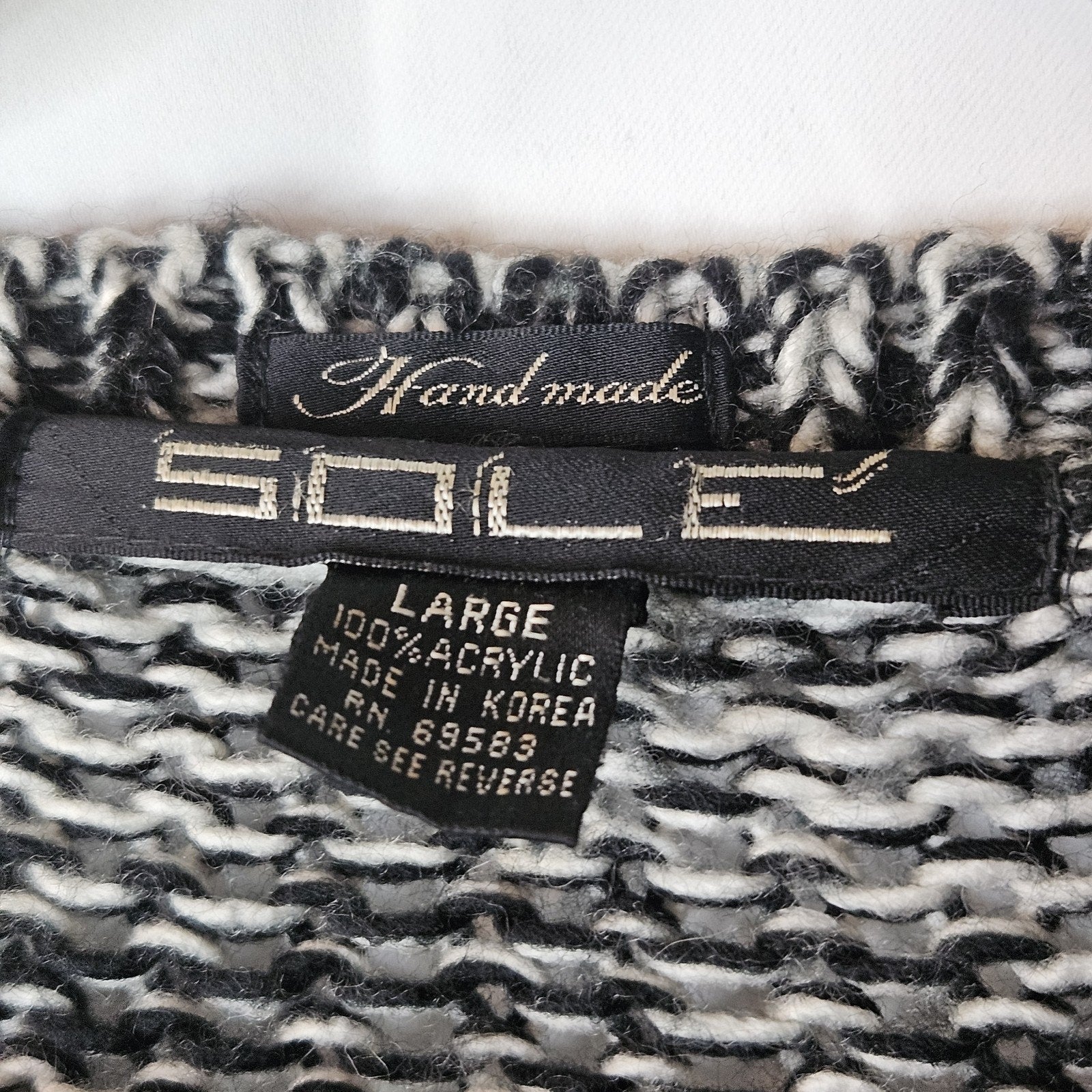 Vtg Handmade 80s Black & Gray Chunky Abstract Cardigan Sweater Women's Large