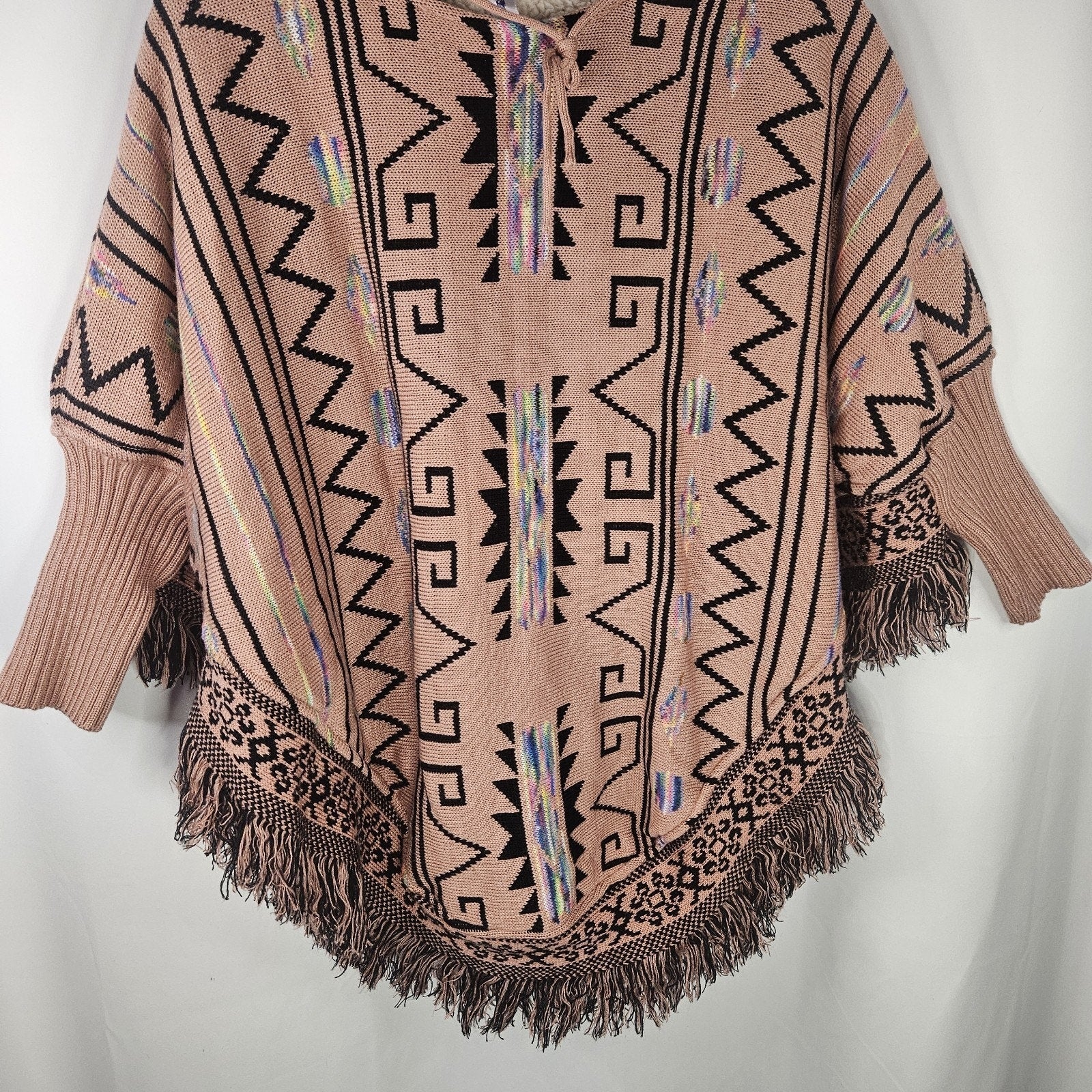 Vtg Aztec Print Poncho W/Hood Norma Angelica MX/Unisex Multicolor Lined 90’s
