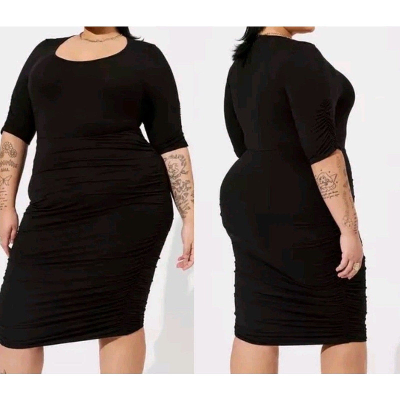 Torrid NEW Ruched Super Soft Elbow Sleeve Bodycon Dress Black Comfy Sz 1X
