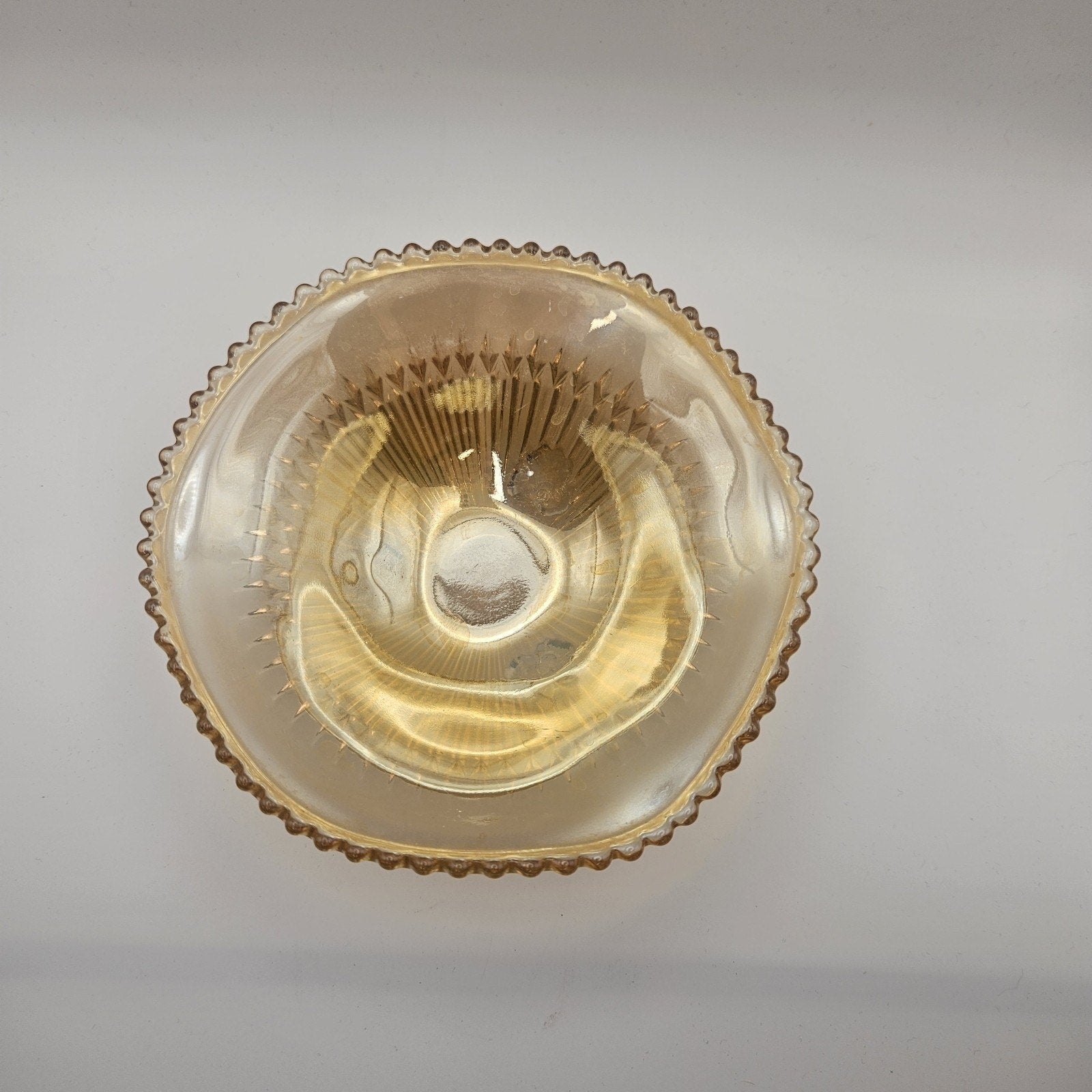 Vtg Carnival Glass Candy Dish Amber Three Footed Beaded Rim Diamond Pointed Ribs