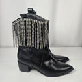 Embellished Rhinestone Fringe Black Edgy Western Boots 8.5 M Cowgirl Rodeo Glam