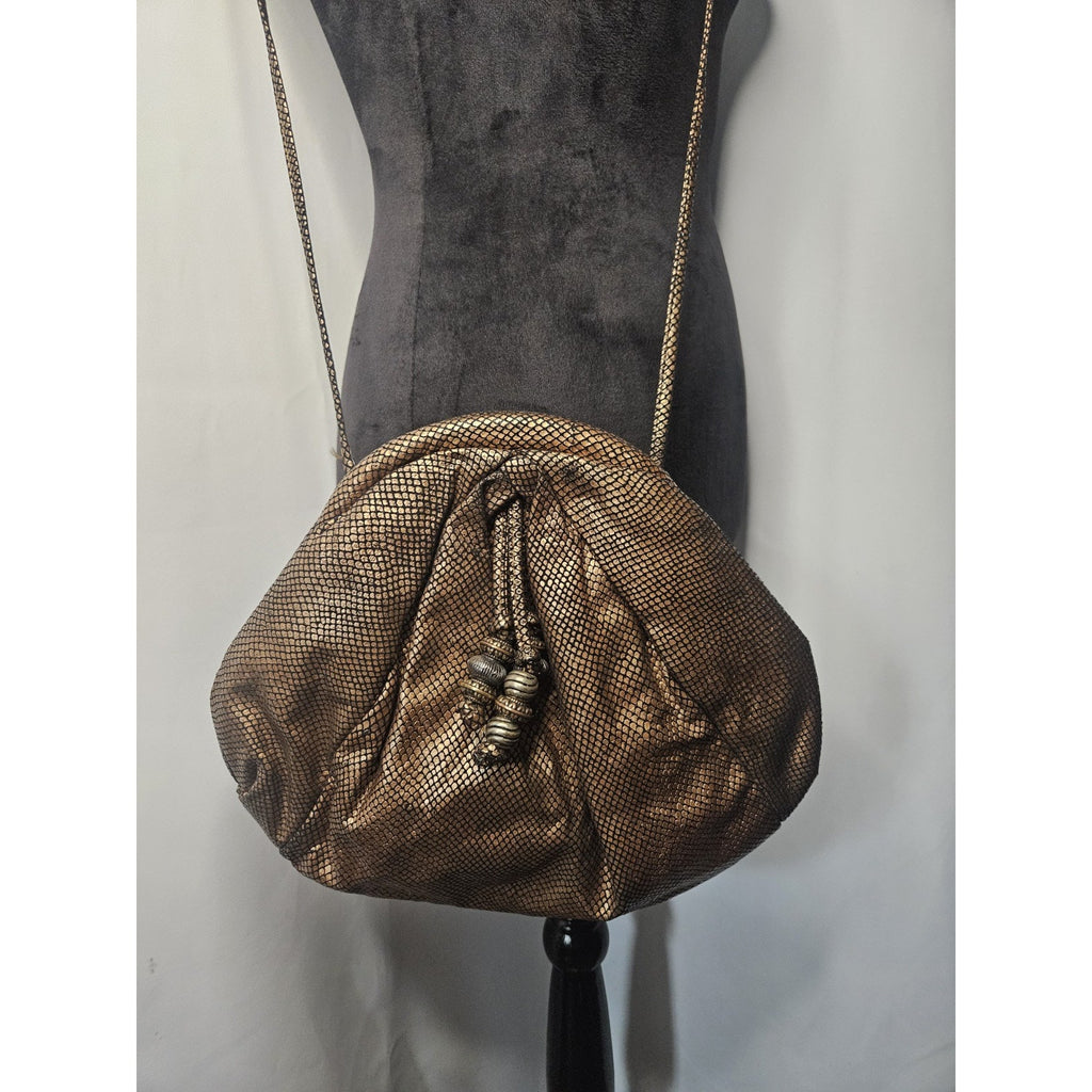 Vintage 80s Faux Bronze Cloth Snake Skin Purse Clam Shell Closure Crossbody