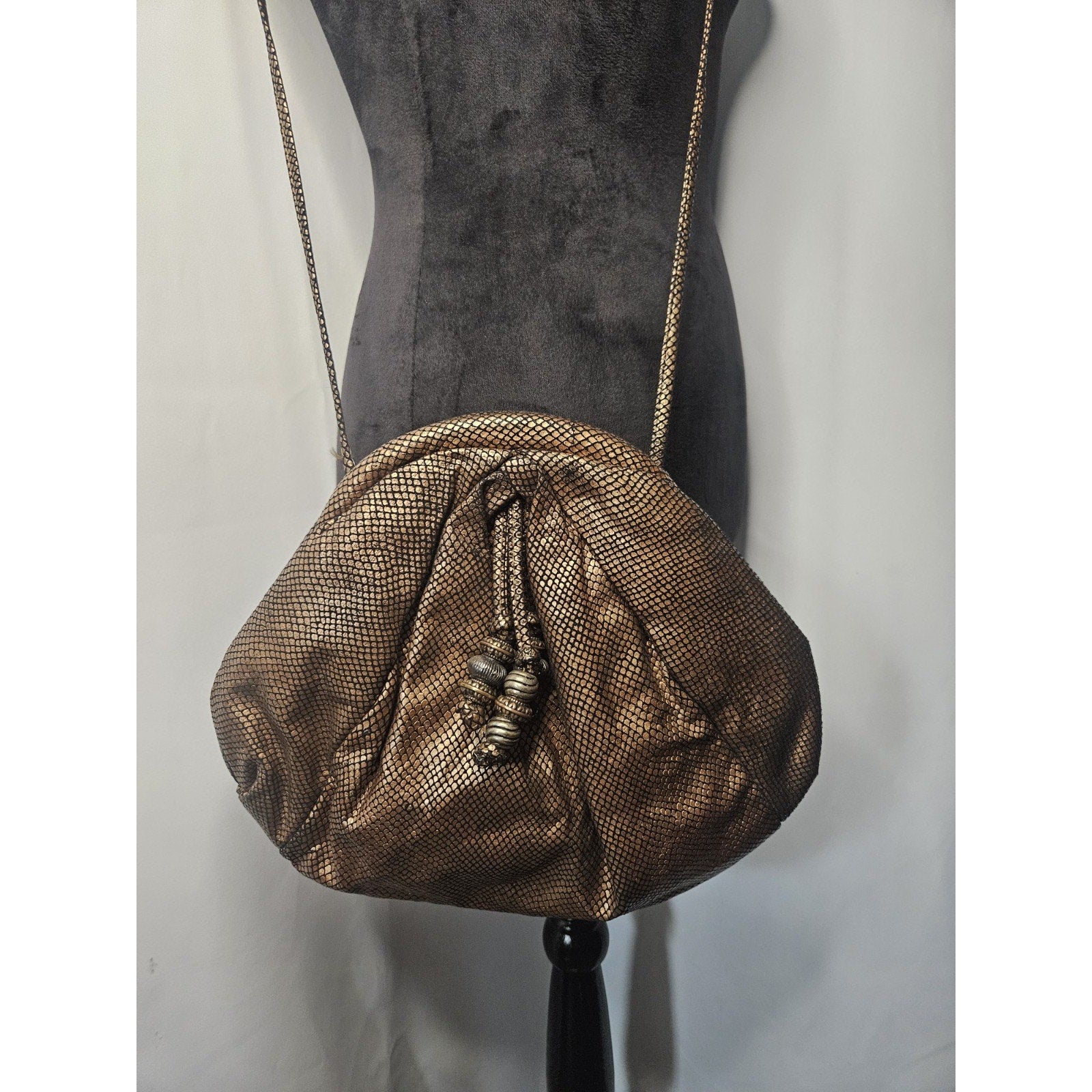 Vintage 80s Faux Bronze Cloth Snake Skin Purse Clam Shell Closure Crossbody
