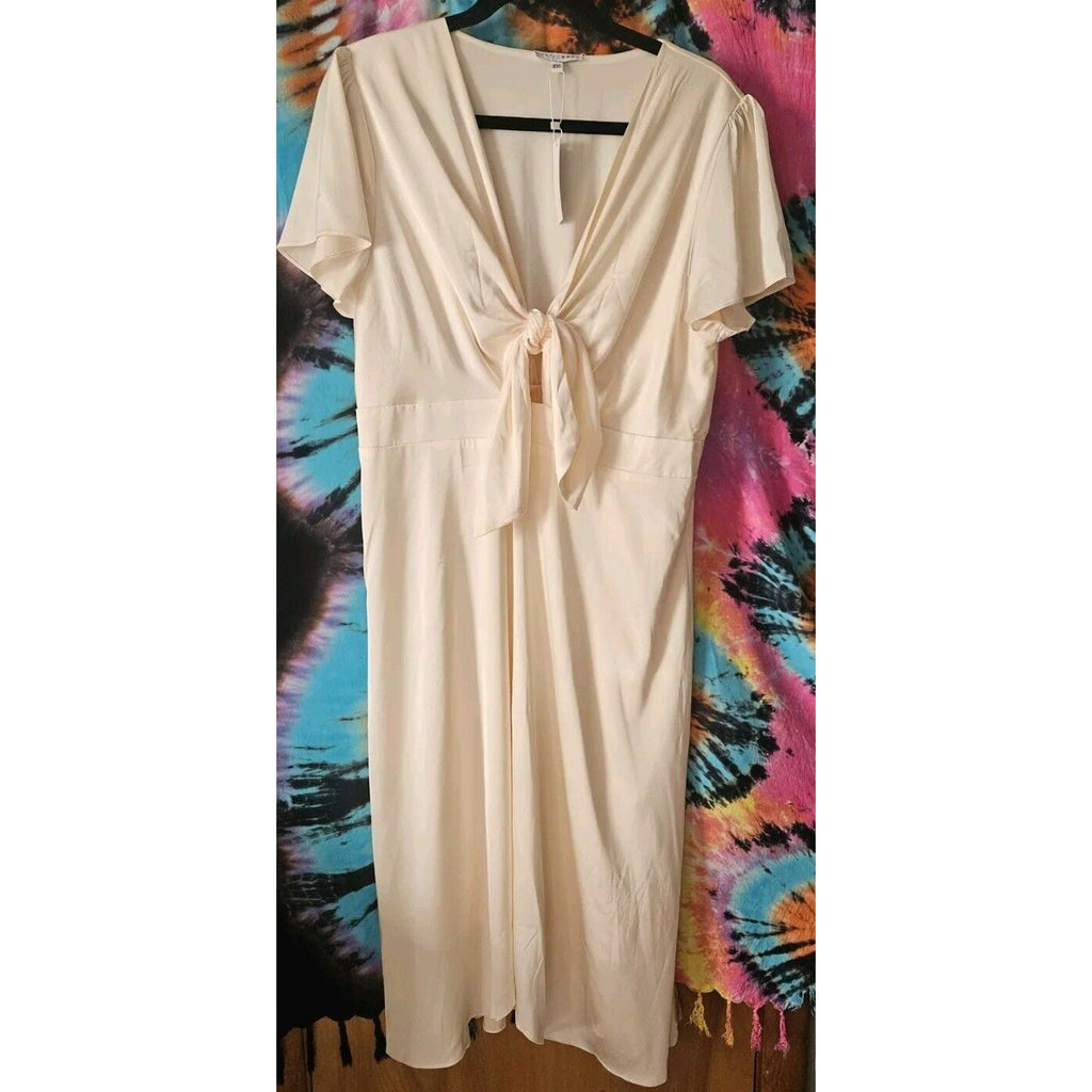 NTW Baltic Born Poppy Satin Midi Dress XXL Knot Front Flutter Sleeve Champagne Tie