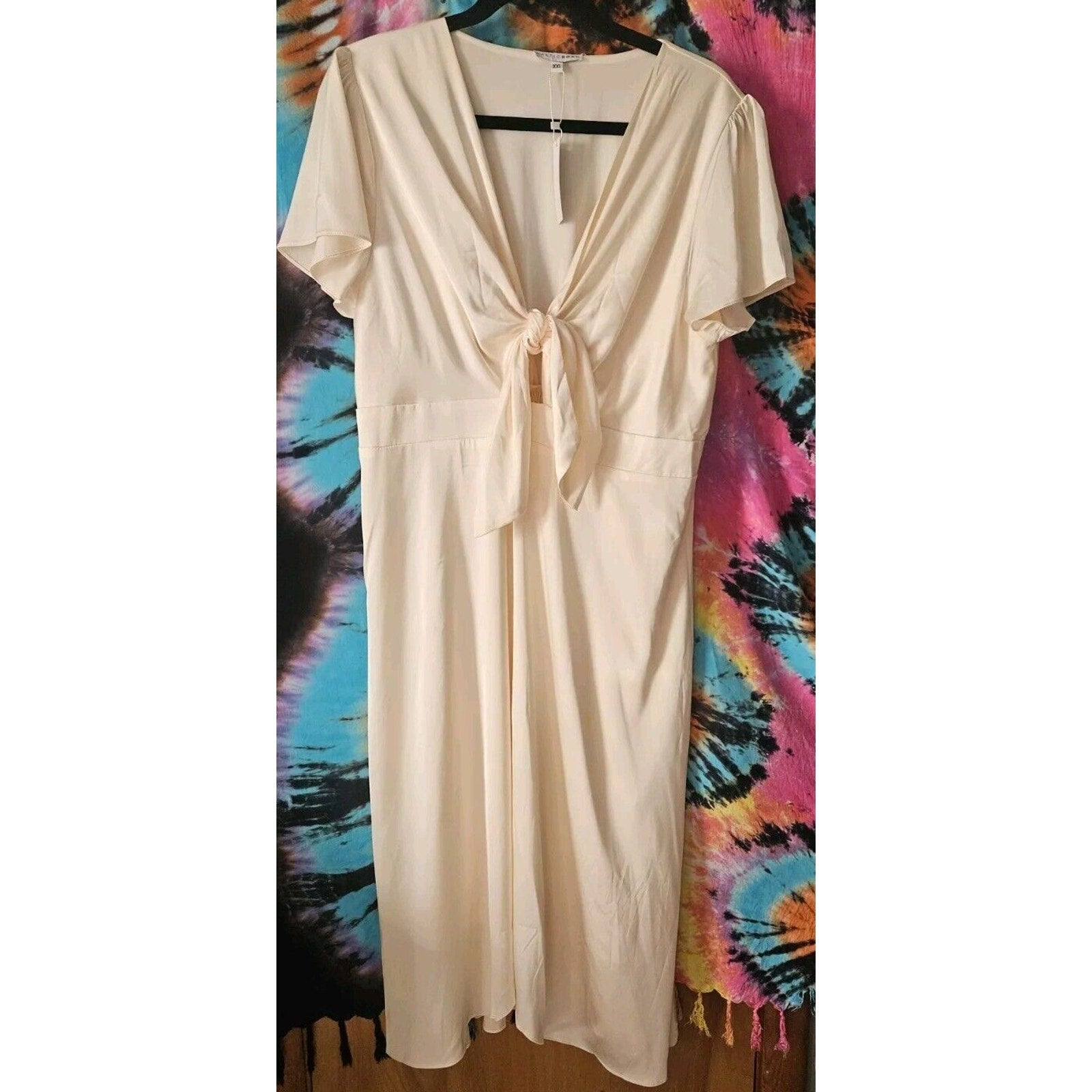 NTW Baltic Born Poppy Satin Midi Dress XXL Knot Front Flutter Sleeve Champagne Tie