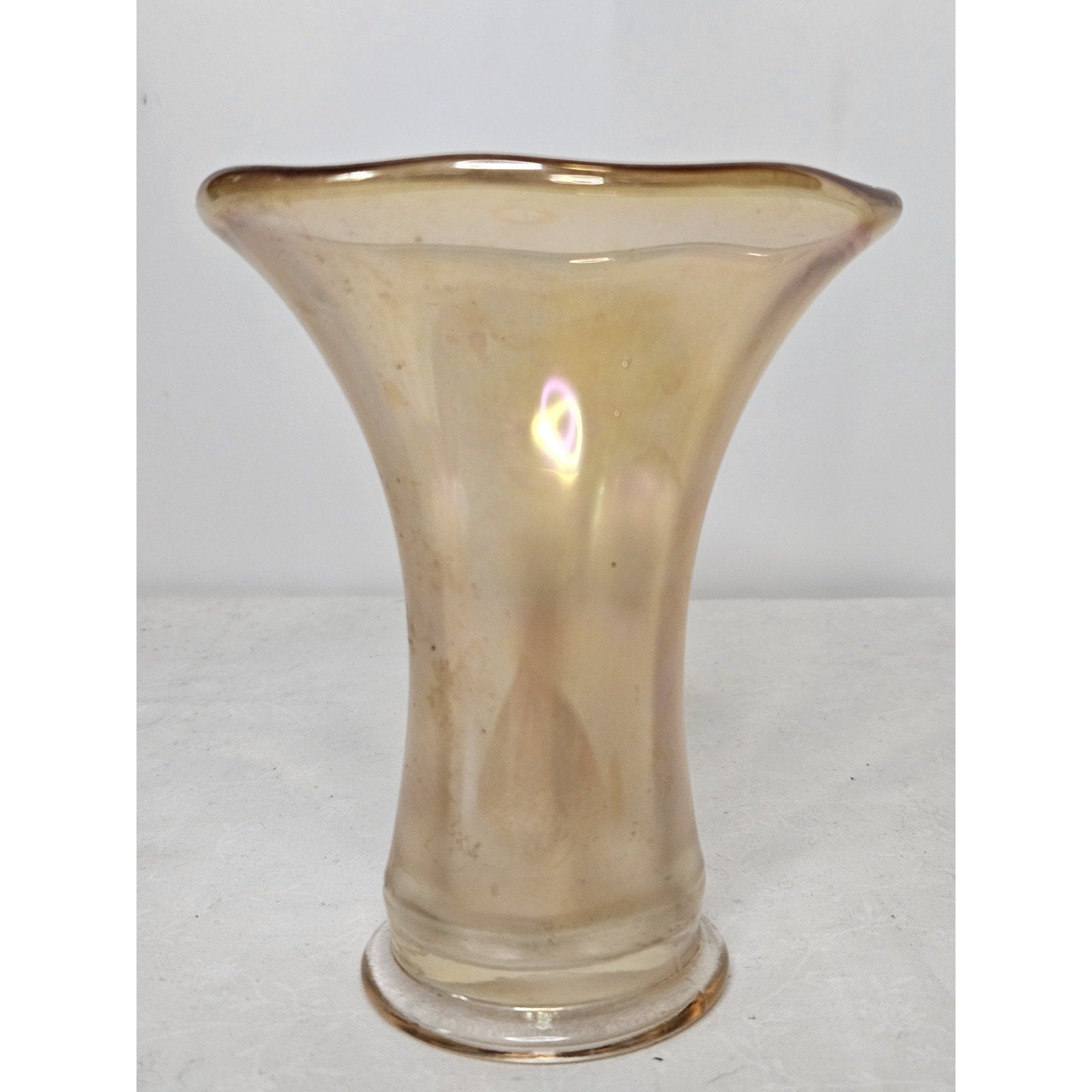 Vintage Art Glass Vase Set Iridescent Wide Flared Rim 5" Tall Scalloped Rim