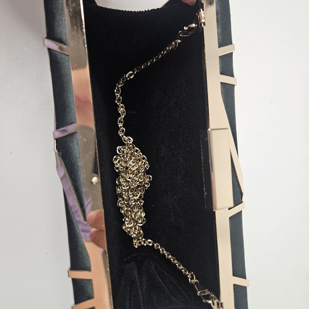 Lune Lazer Plated Clutch Bag Black Gold Chain Removable Strap Micro Purse