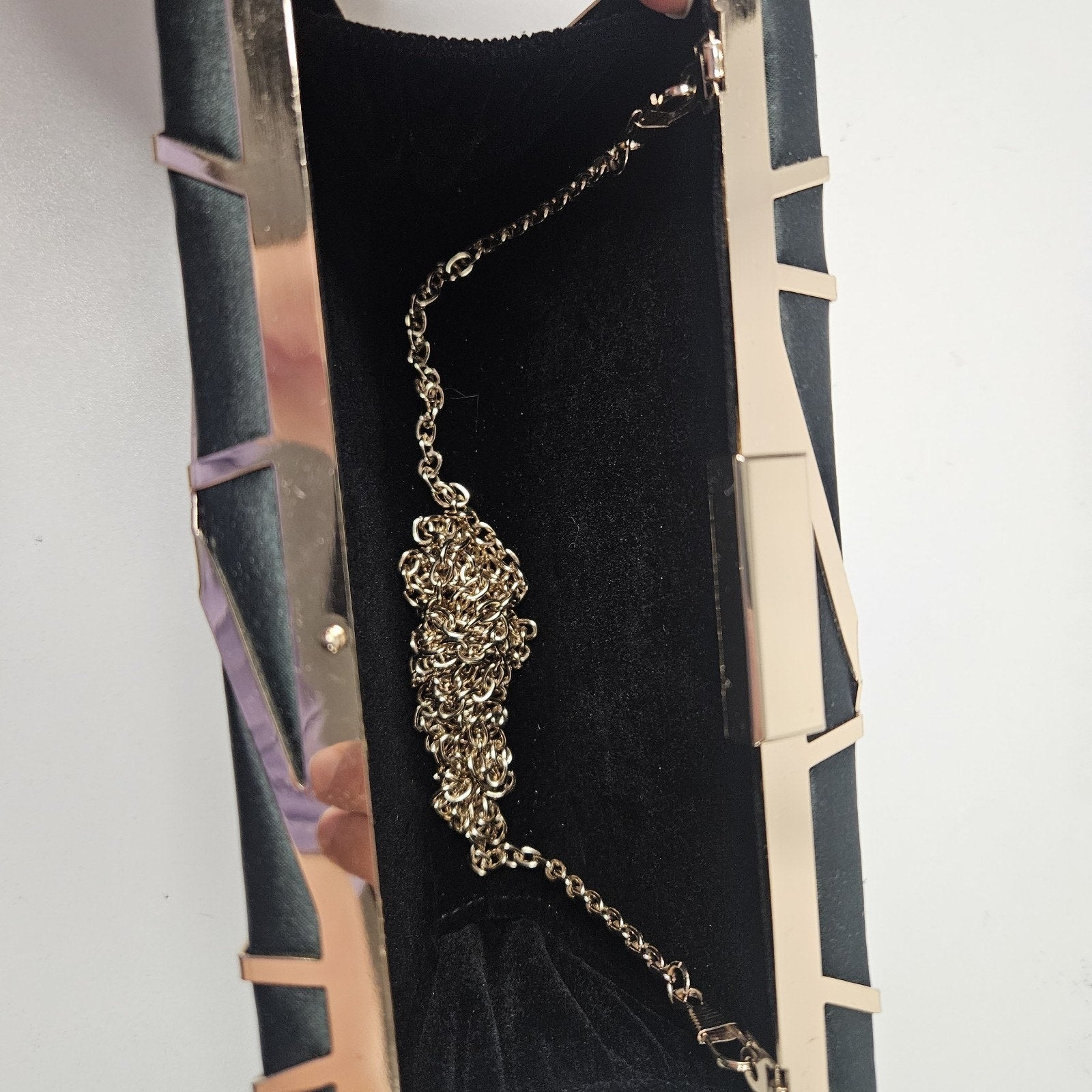 Lune Lazer Plated Clutch Bag Black Gold Chain Removable Strap Micro Purse