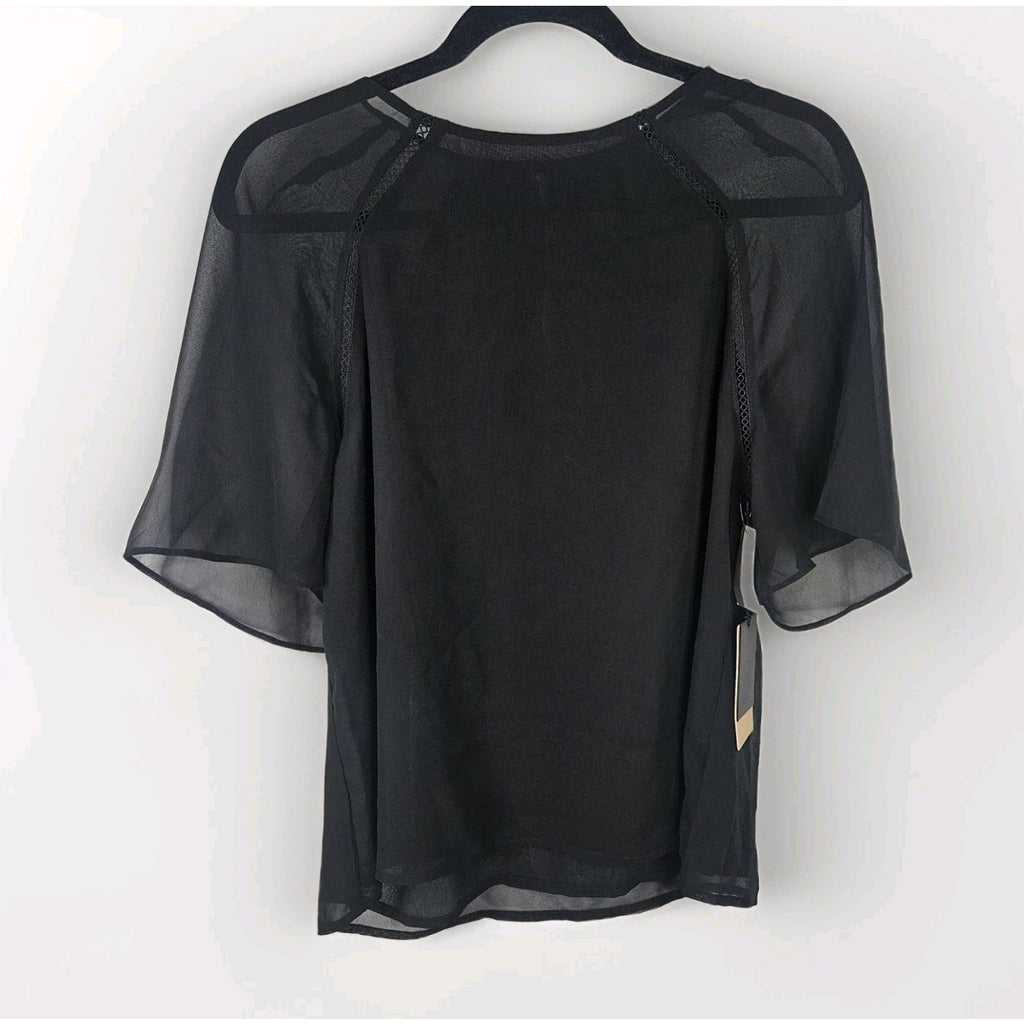 Halogen Top NWT Black Sheer Short Sleeve Crochet Trim Pullover Women's Size M