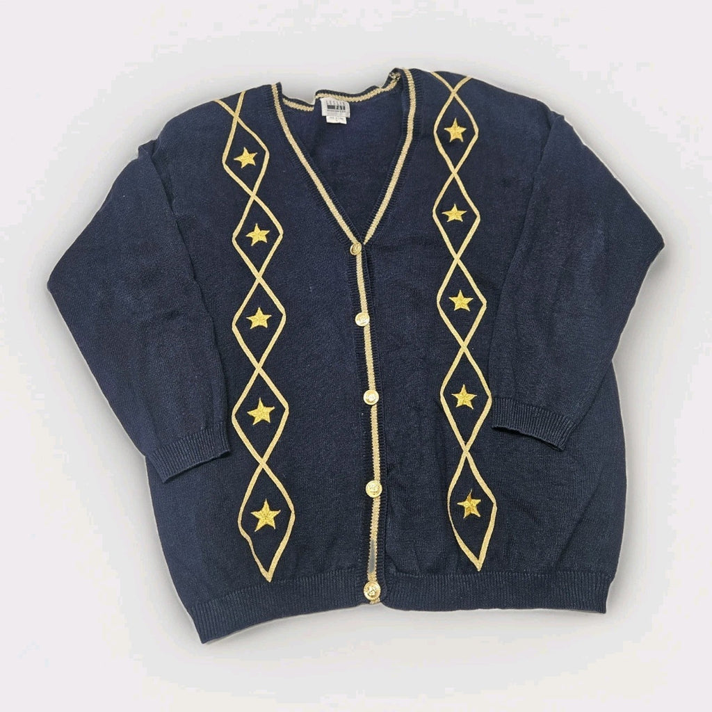 Vintage Nautical Navy Gold Star Embroidered Knit Sweater Cardigan Large Granny