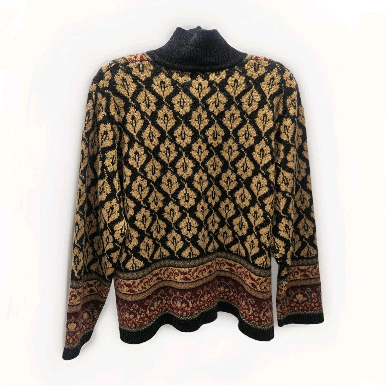 Vtg 90s KORET Women's Cardigan Black Flowers Acrylic Wool Large Boho Cottage