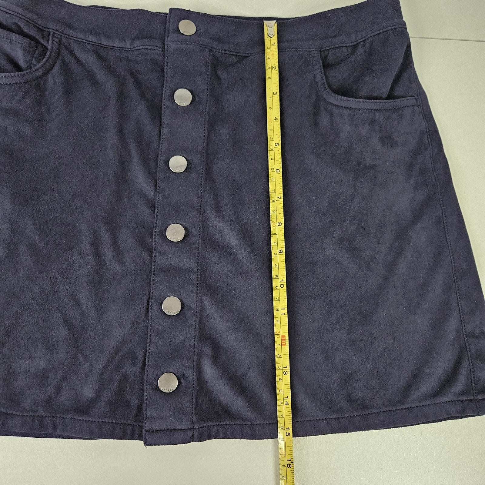 Express Skirt Womens Size 10 Blue Front Button Faux Suede-Like Mini Stretchy Y2K