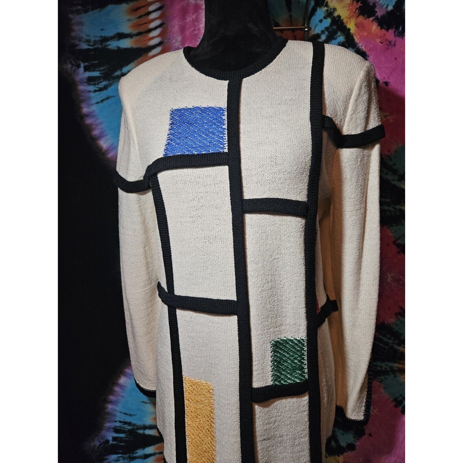 Vintage 80s 90s Viana Knits Tunic Sweater Mondrian Art Color Block 60s Style Size 12