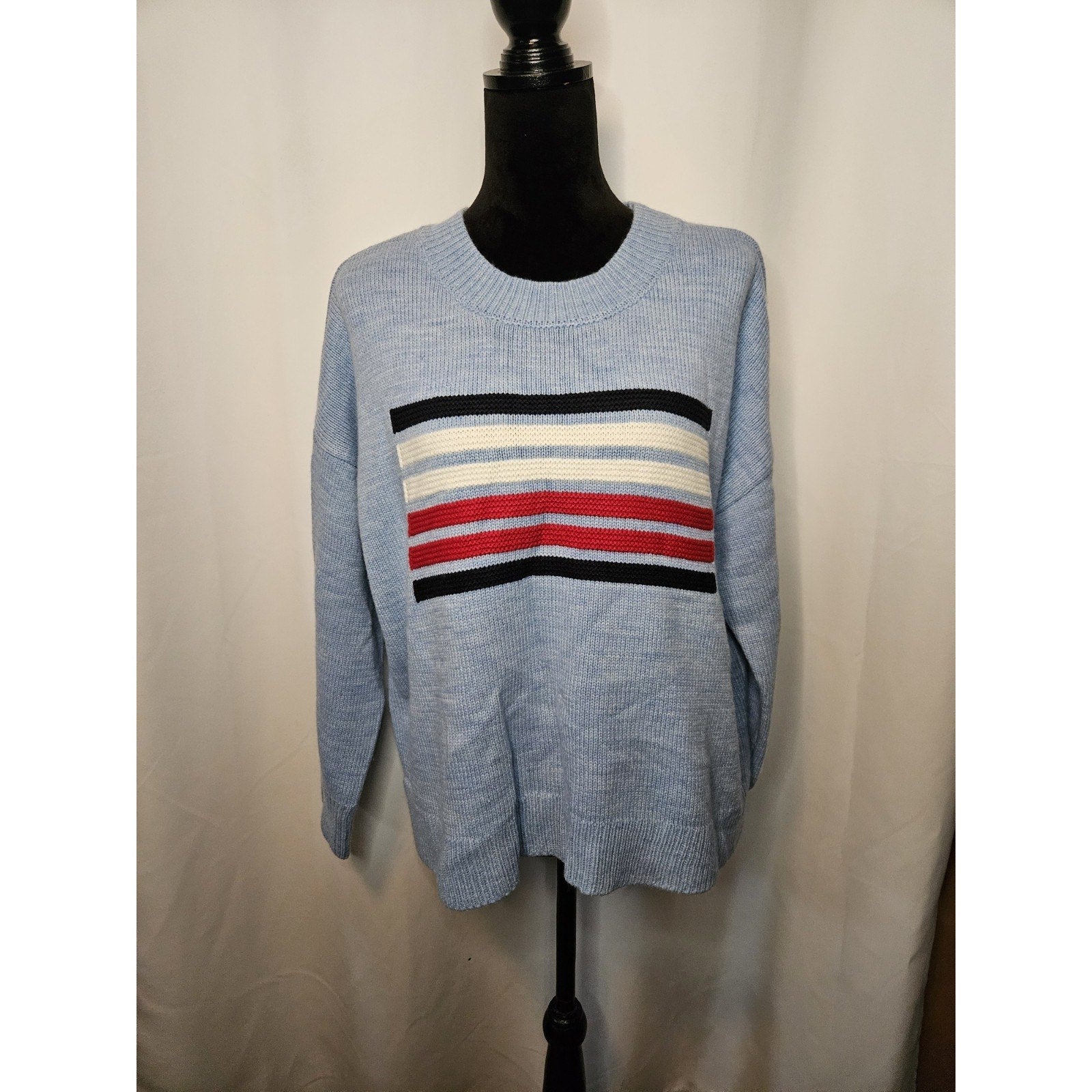 Tommy Hilfiger Knit Sweater Classic Flag Light Blue Oversized Medium USA