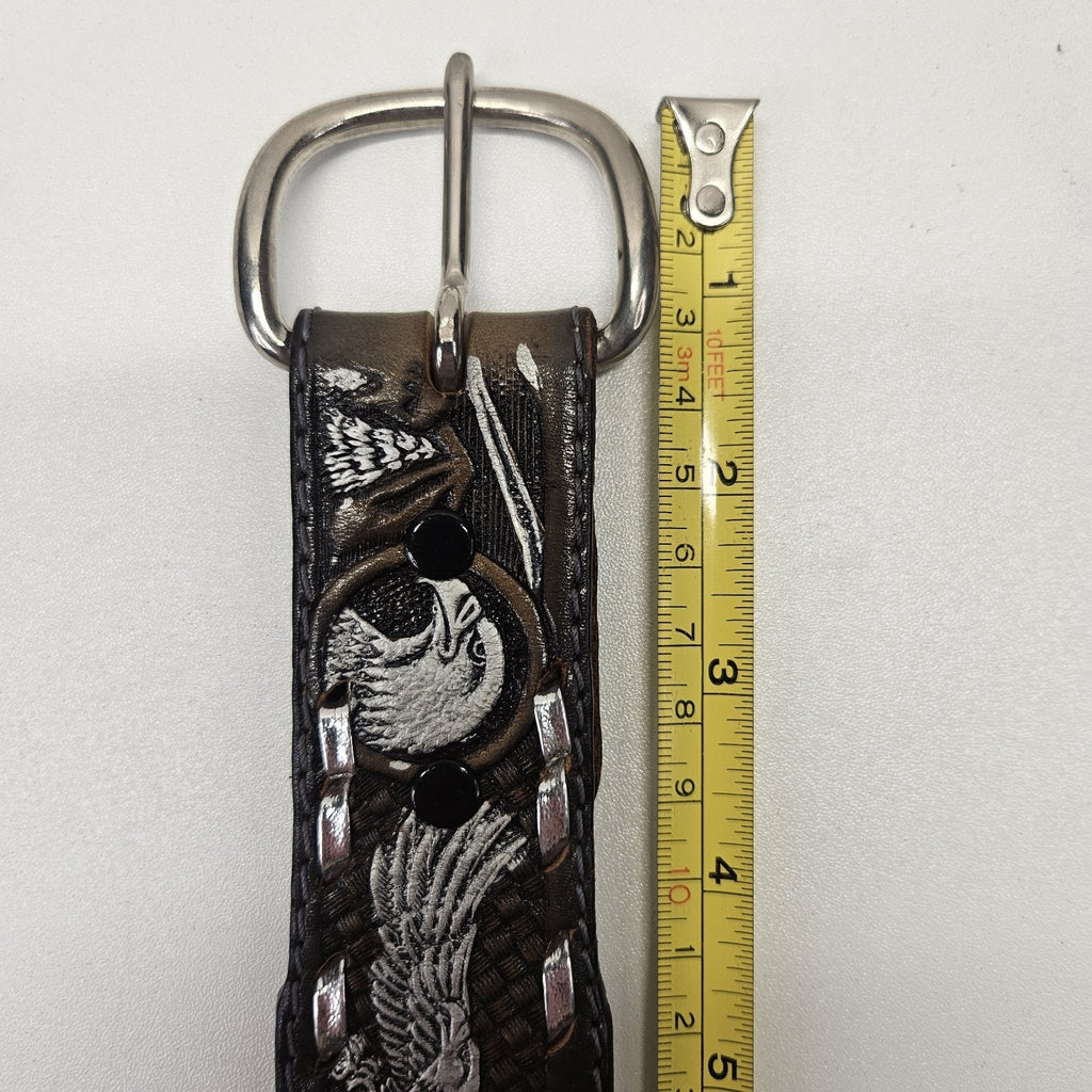 Datoka Full Grain Cowhide Sz 32 Black Leather Belt Painted Embossed Eagles USA