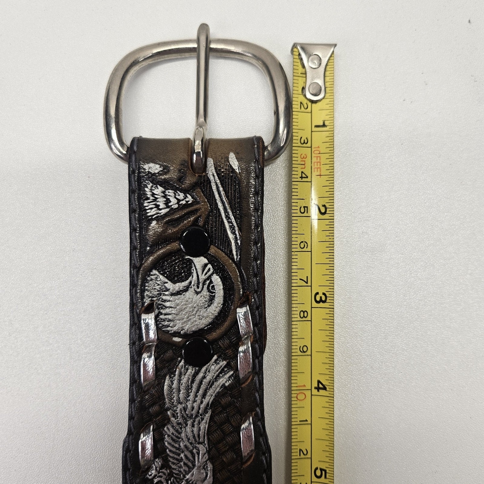 Datoka Full Grain Cowhide Sz 32 Black Leather Belt Painted Embossed Eagles USA