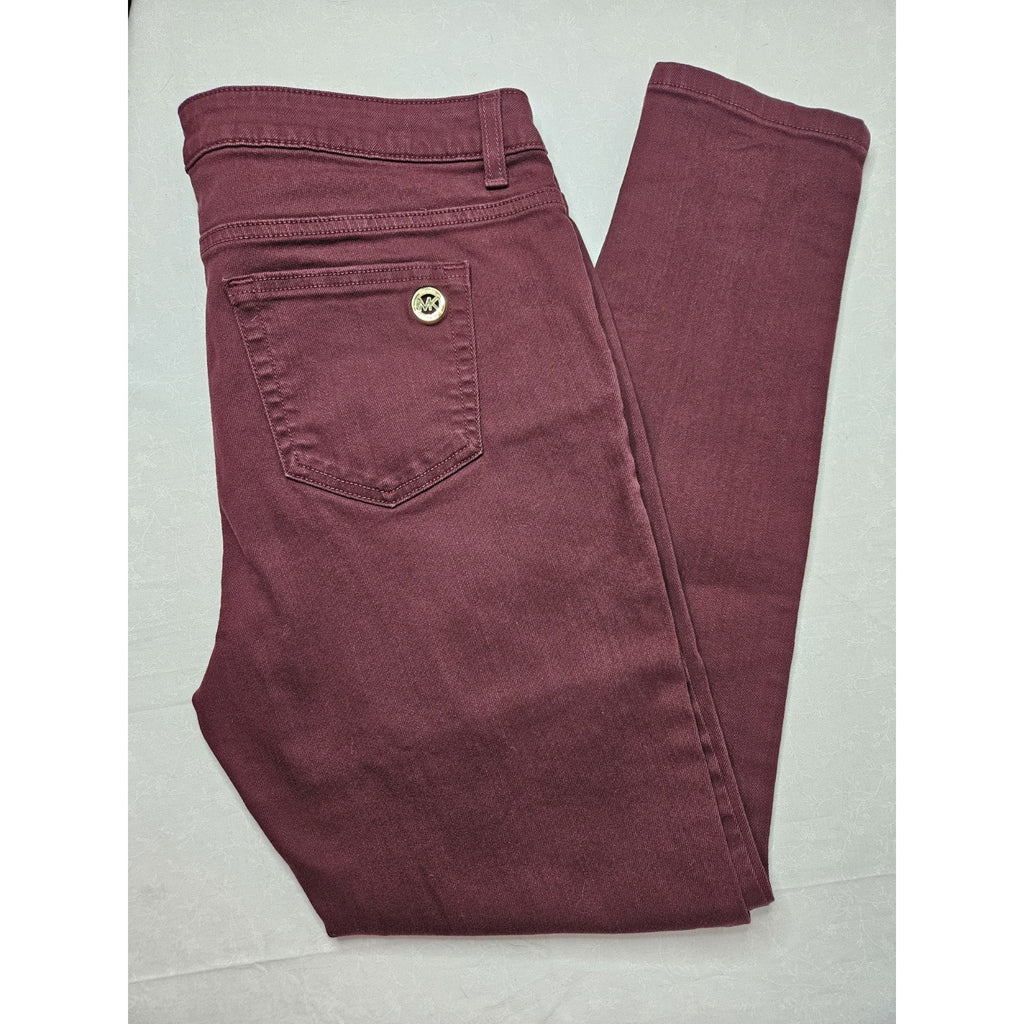 Michael Kors Skinny Jeans Women's Size 10 Burgundy Mid Rise Gold Buttons Accents