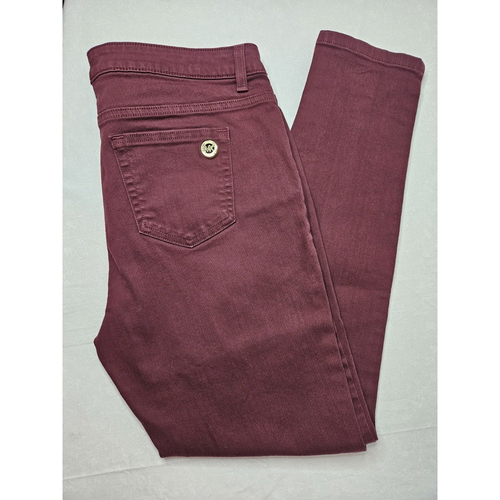 Michael Kors Skinny Jeans Women's Size 10 Burgundy Mid Rise Gold Buttons Accents