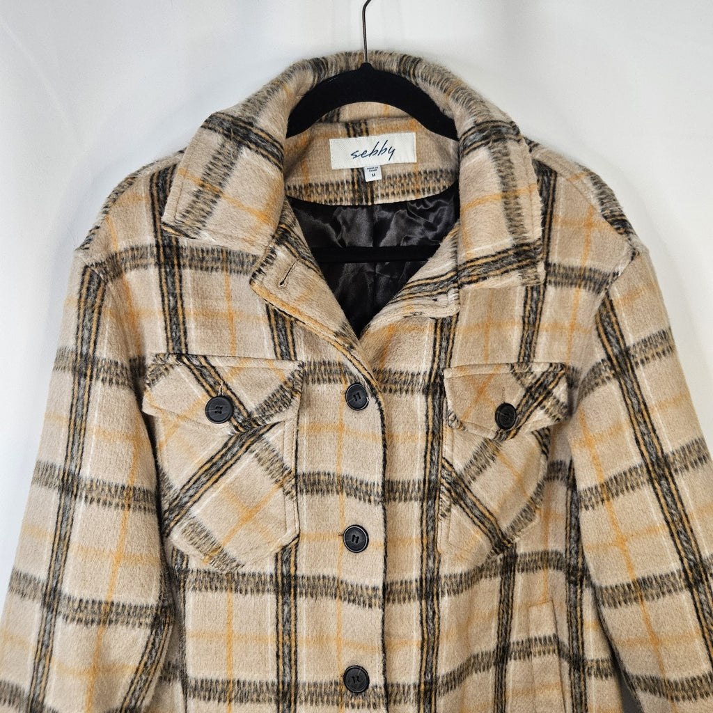 Sebby Wool Blend Plaid Shacket Brown Satin Lined Cozy Button Closure Medium