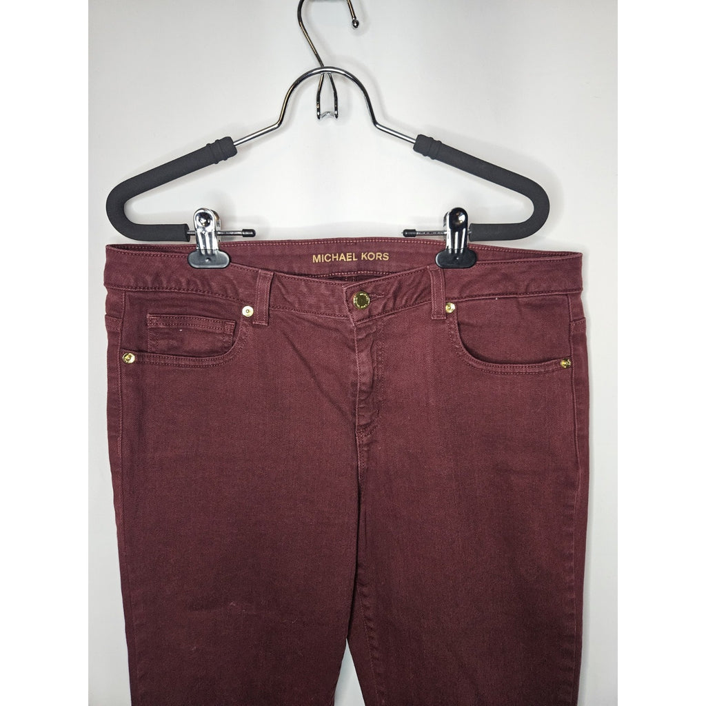 Michael Kors Skinny Jeans Women's Size 10 Burgundy Mid Rise Gold Buttons Accents