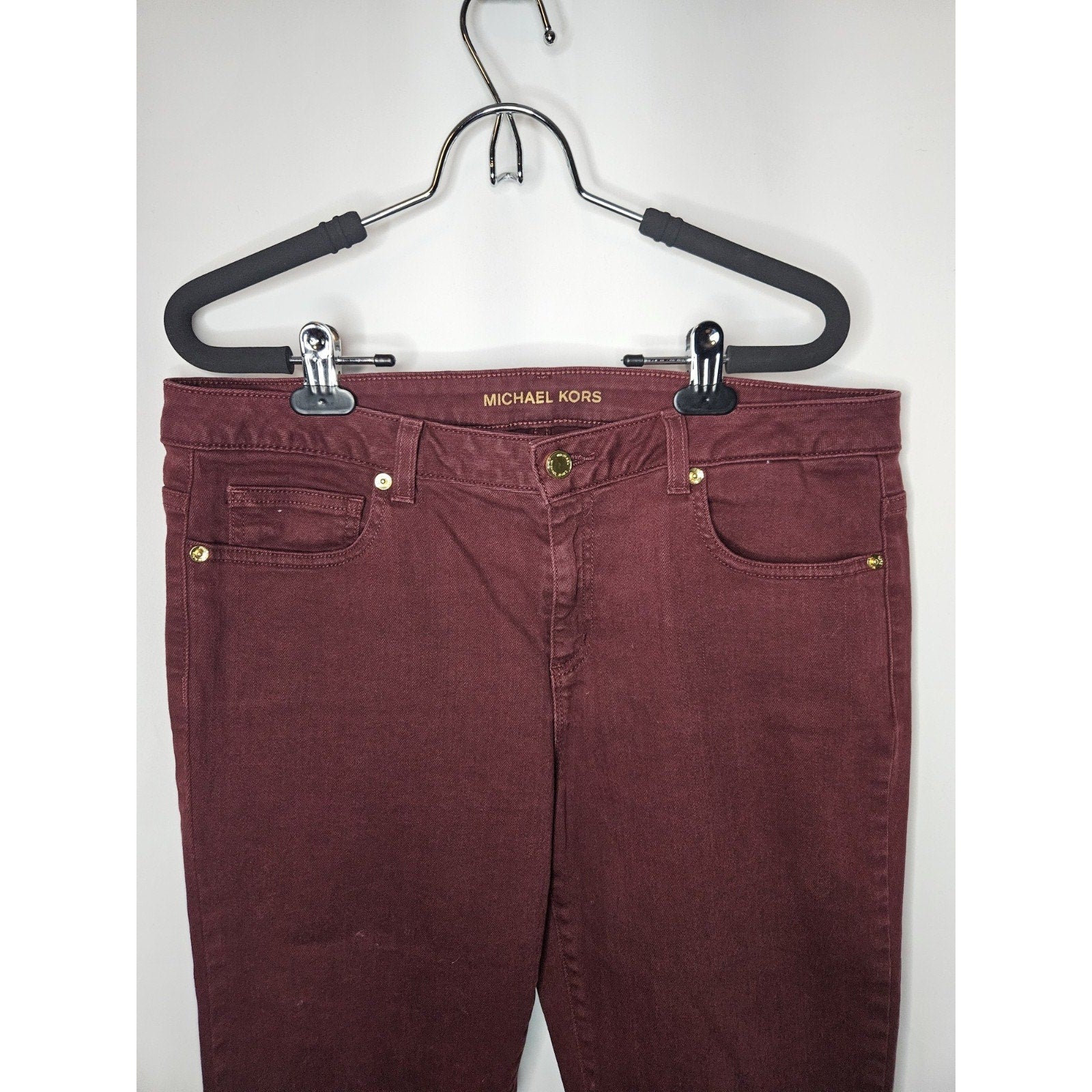 Michael Kors Skinny Jeans Women's Size 10 Burgundy Mid Rise Gold Buttons Accents