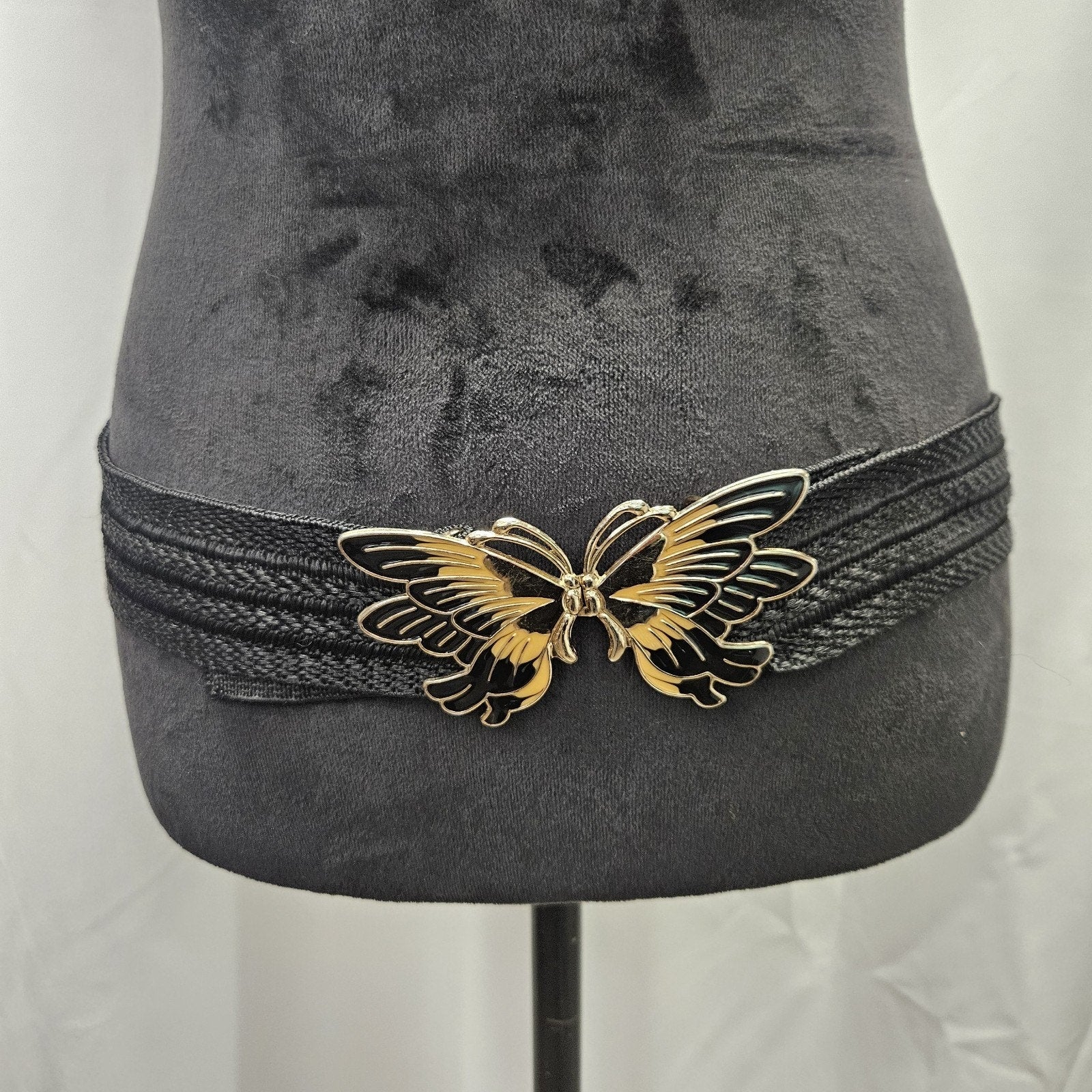 80s Black Gold Butterfly Buckle Clasp Black Cinch Waist Belt Size 36 Whimsygoth