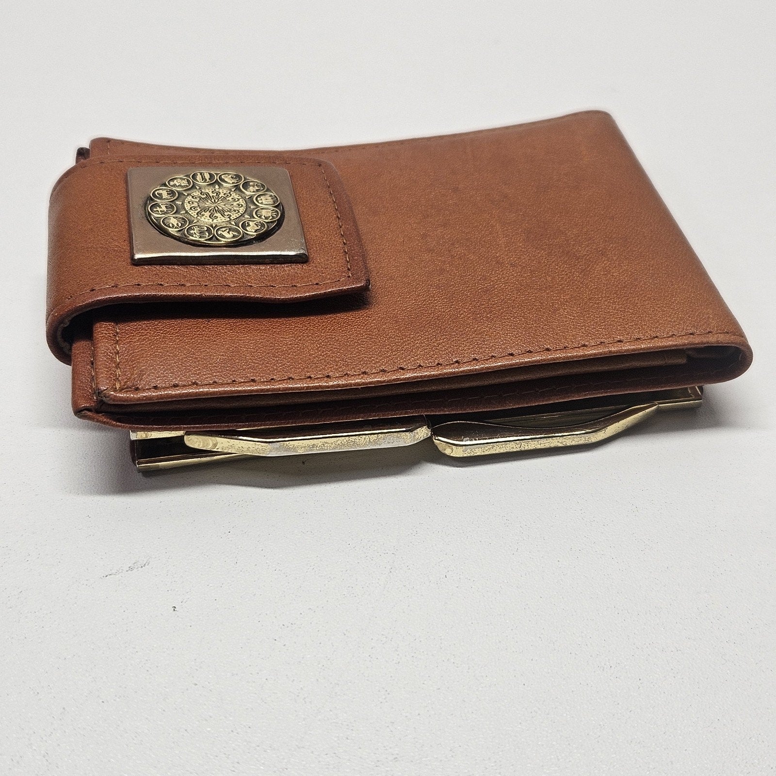 Vtg ROLFS Zodiac Sign Cowhide Wallet Camel Brown Boho Celestial Whimsigoth