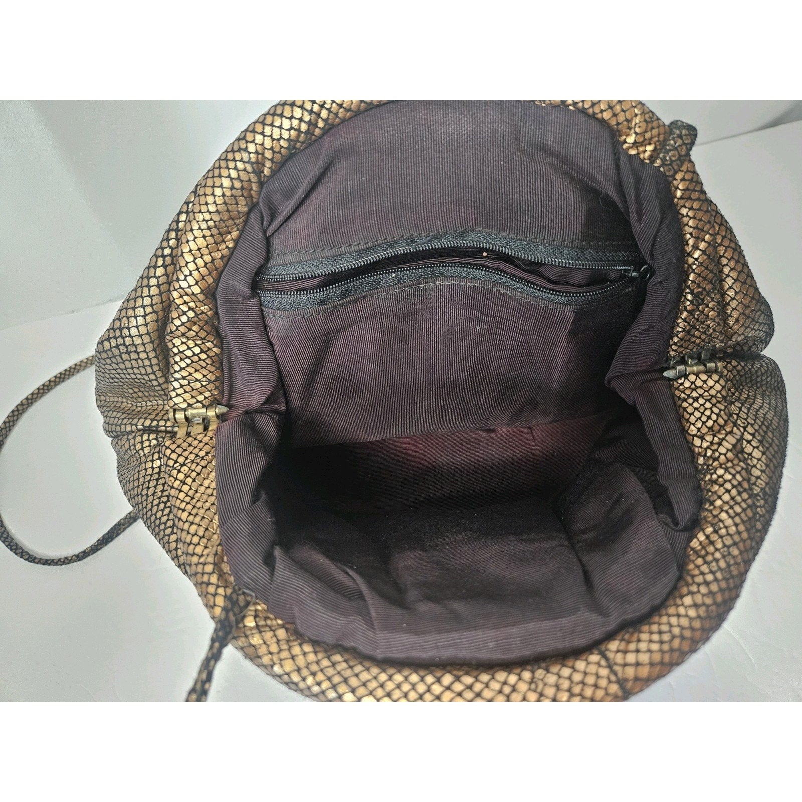 Vintage 80s Faux Bronze Cloth Snake Skin Purse Clam Shell Closure Crossbody