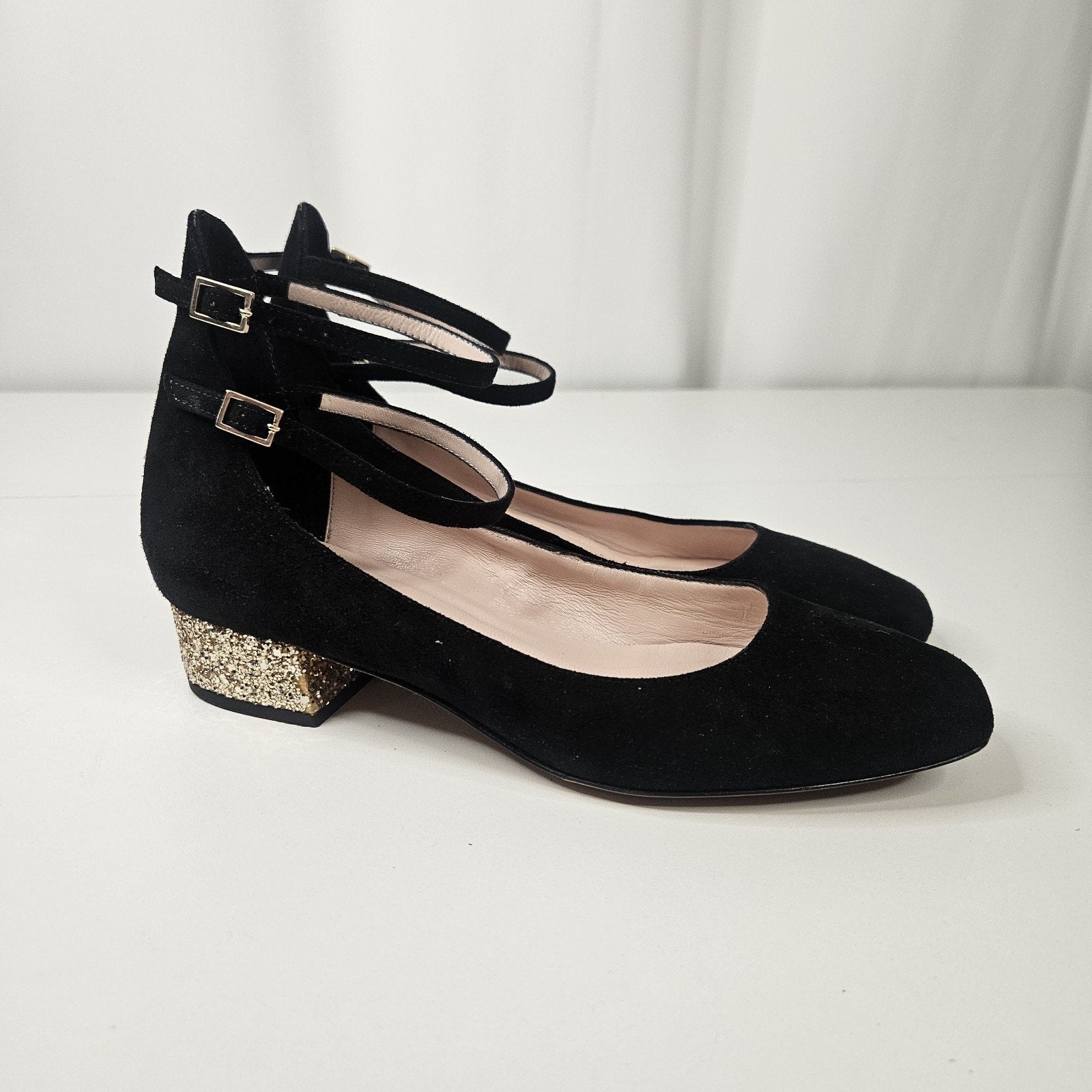 Kate Spade Black Mary Jane Suede Gold Glitter Block Shoe 6M Dbl Strap Square Toe