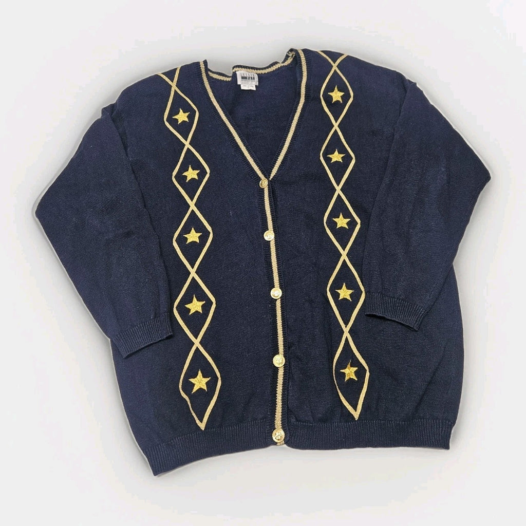 Vintage Nautical Navy Gold Star Embroidered Knit Sweater Cardigan Large Granny