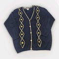 Vintage Nautical Navy Gold Star Embroidered Knit Sweater Cardigan Large Granny