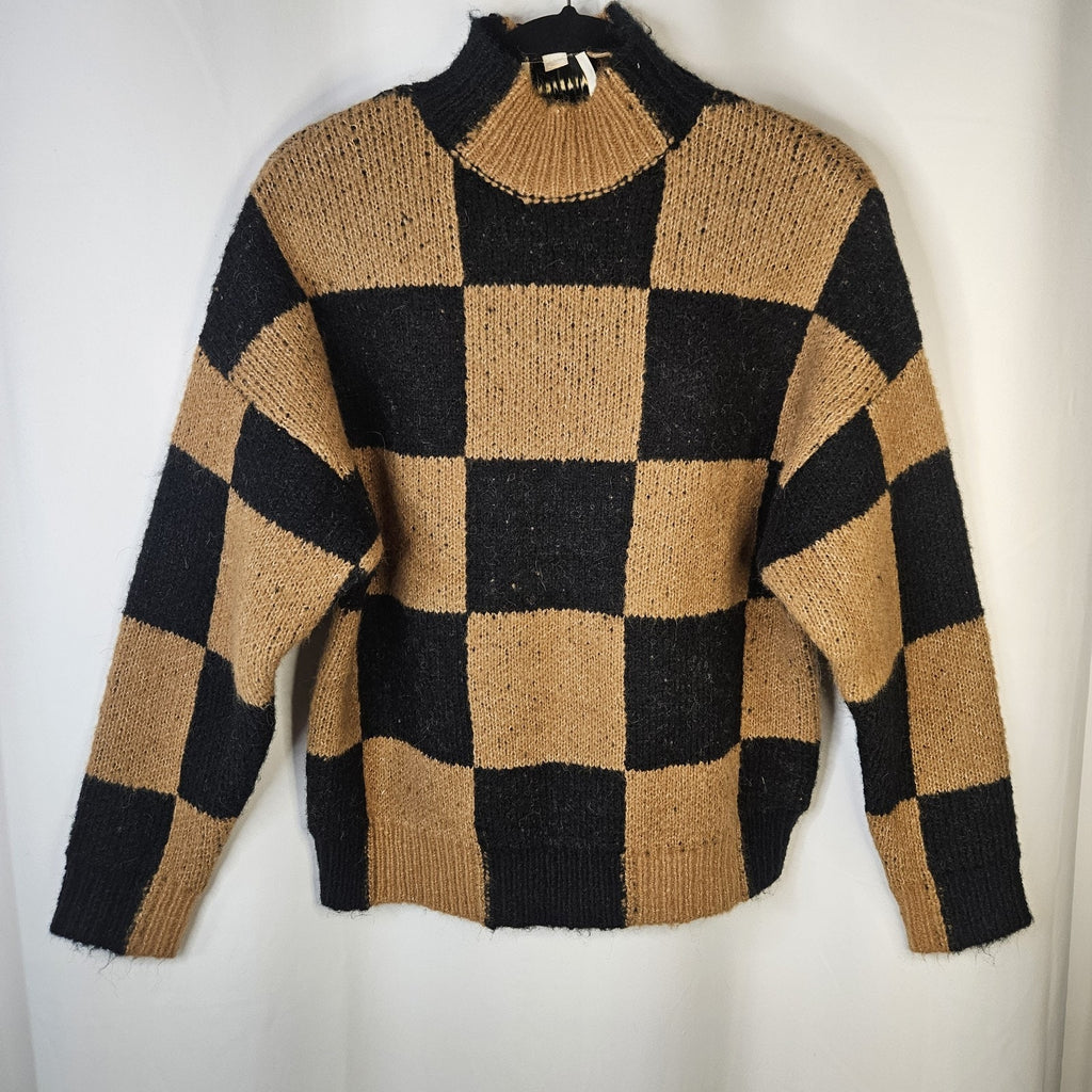 Industry Wool Blend Knit Checkered Sweater Women's XS Black & Tan Minimalist