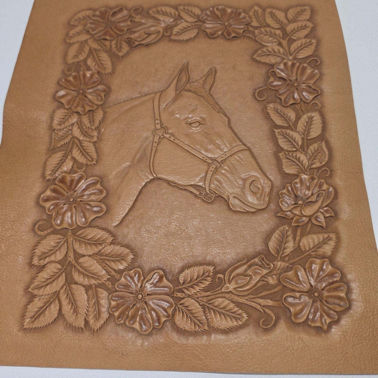 Artist Handmade Embossed Leather Frameable Artwork Horse Equestrian 12x14"