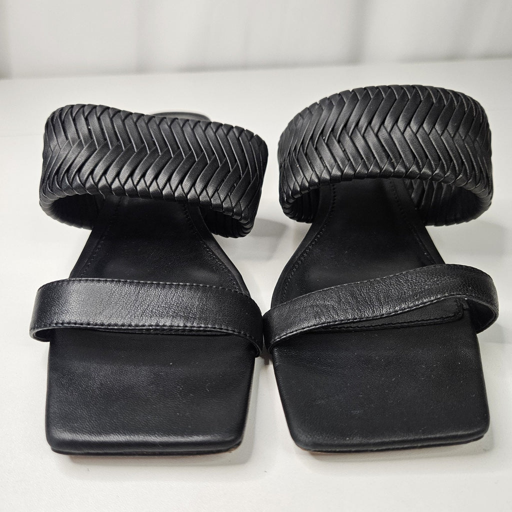 Vince Camuto Shamira Black Leather Woven Block Heel Sandals Womens 7.5M MSRP $99