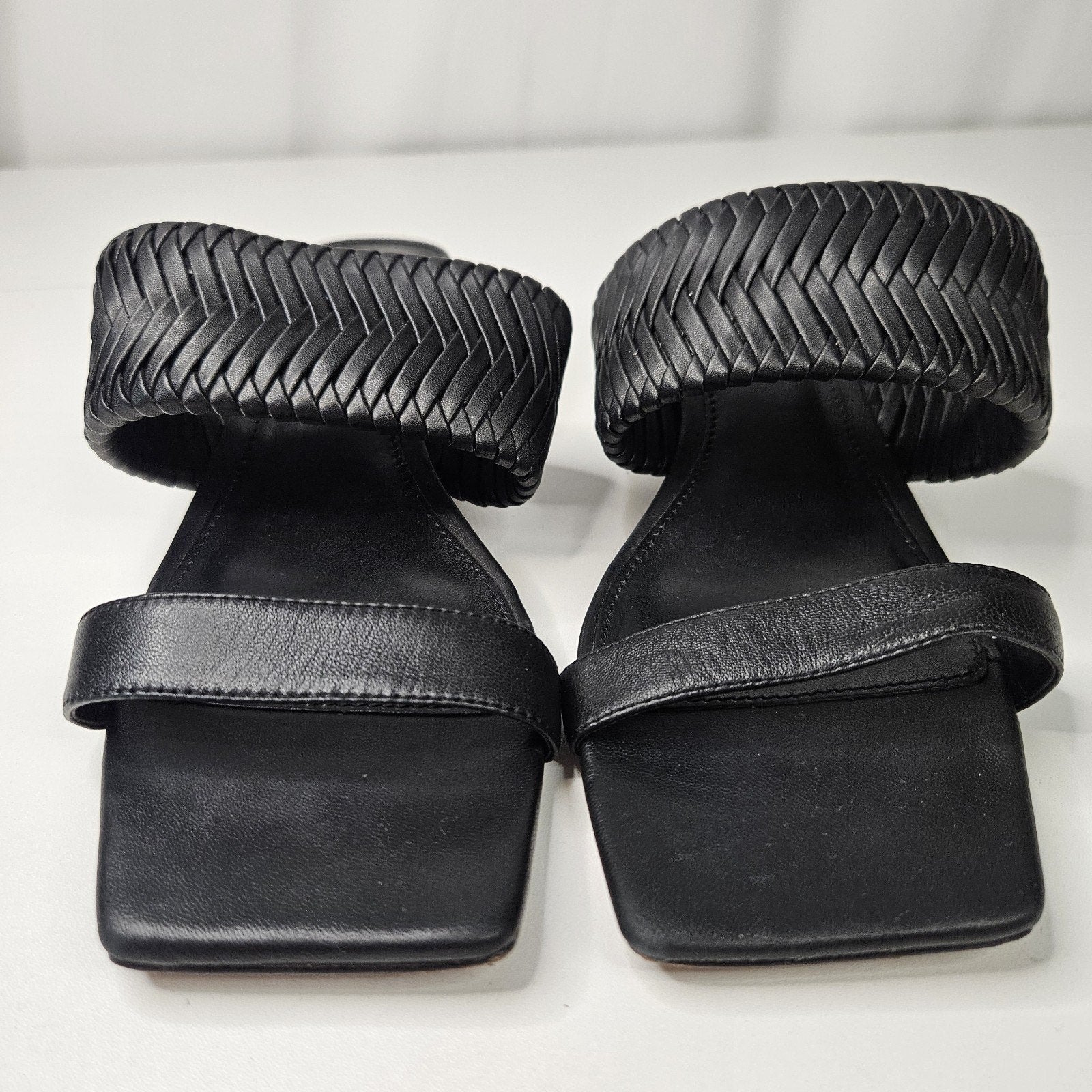 Vince Camuto Shamira Black Leather Woven Block Heel Sandals Womens 7.5M MSRP $99