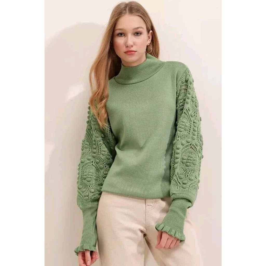 AQE Fashion Turtleneck Balloon Lace Sleeve Sweater Green Boho Fairy Small