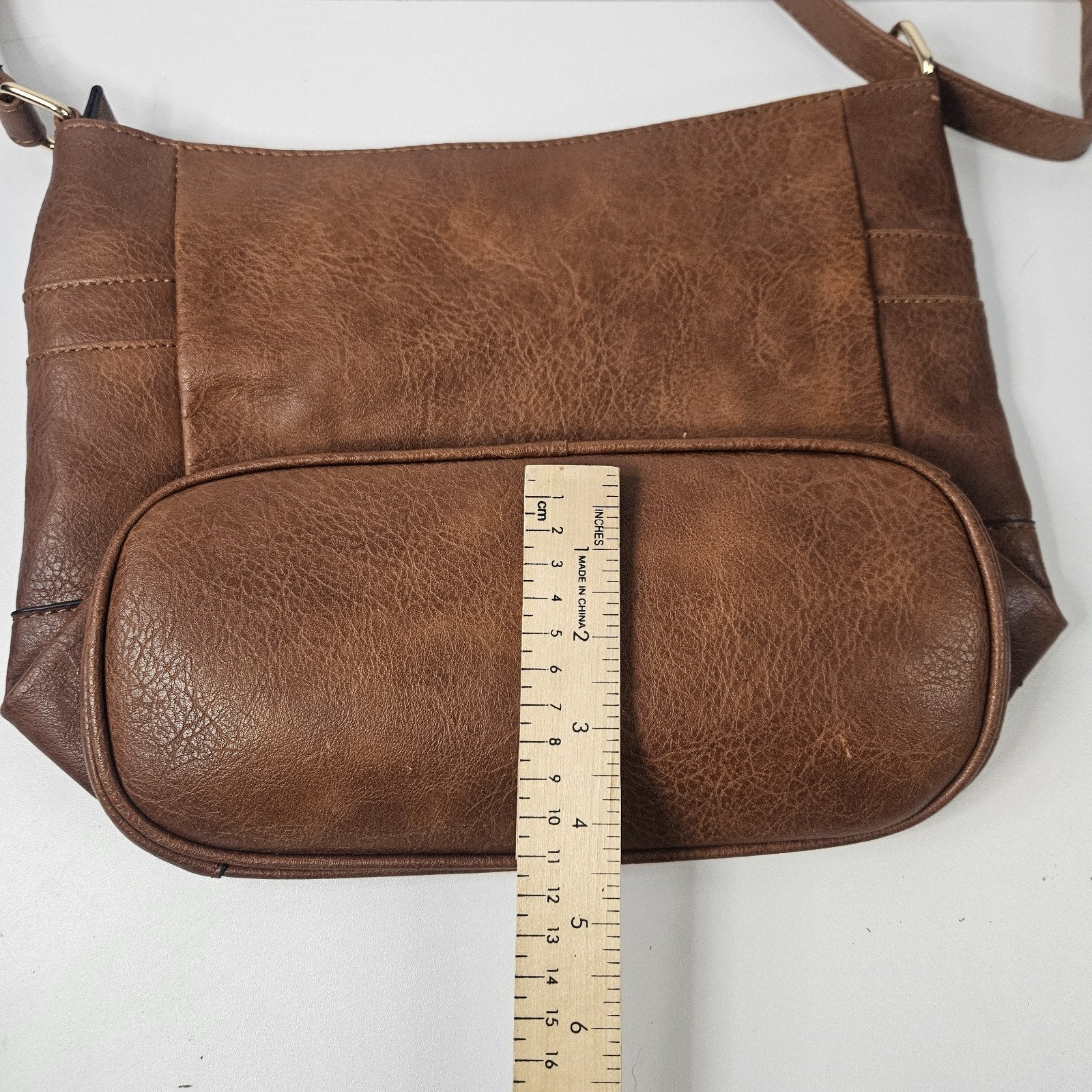 Brown Faux-Leather Crossbody Handbag Two Front Zip Pockets Shoulder Bag Purse