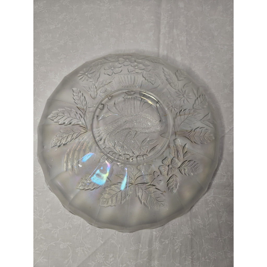 White Northwood Carnival Glass Peacock & Urn Large Bowl Ice Blue Cream Bowl 10in