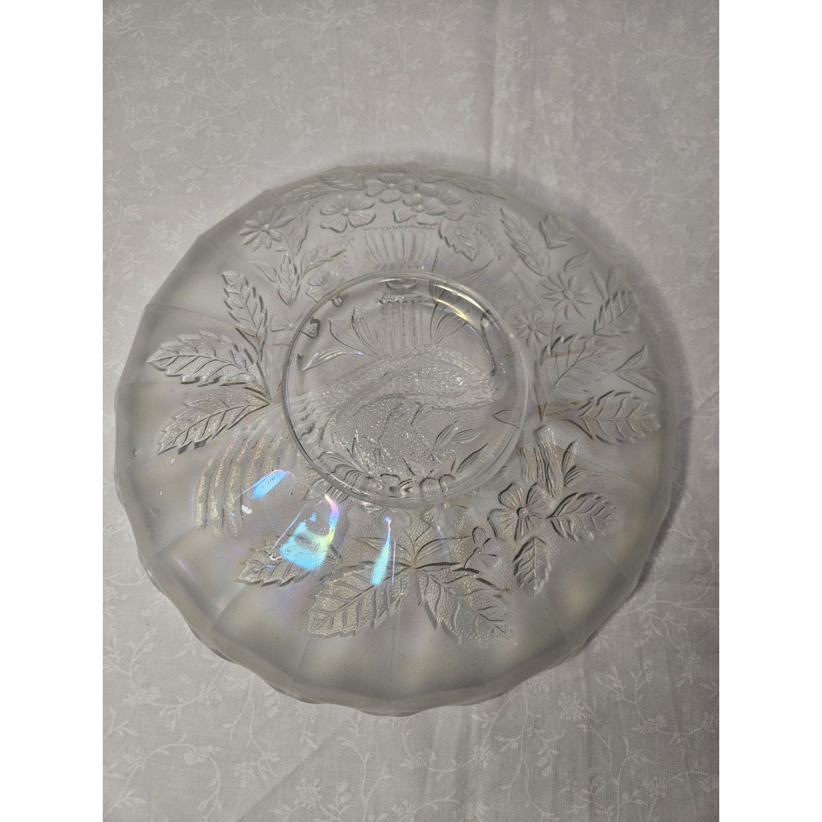 White Northwood Carnival Glass Peacock & Urn Large Bowl Ice Blue Cream Bowl 10in