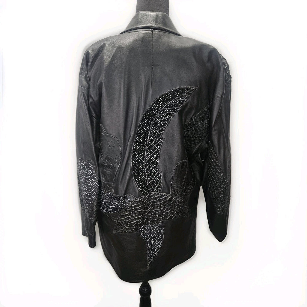 Unique 80s Oversized Black Leather Jacket Patchwork Blazer Medium Edgy Glam Vtg