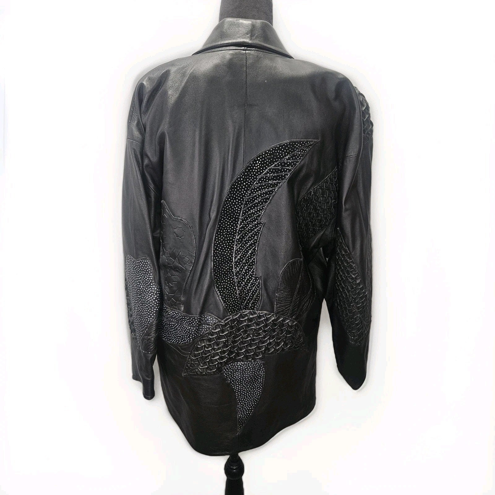 Unique 80s Oversized Black Leather Jacket Patchwork Blazer Medium Edgy Glam Vtg