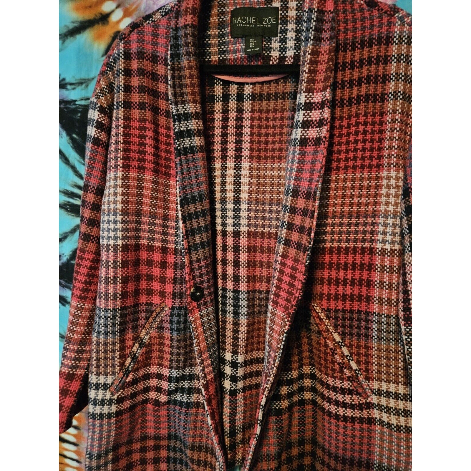 RACHEL ZOE Jacket Plaid Wool Blend Oversized Coat Pink Red Women's Size Small